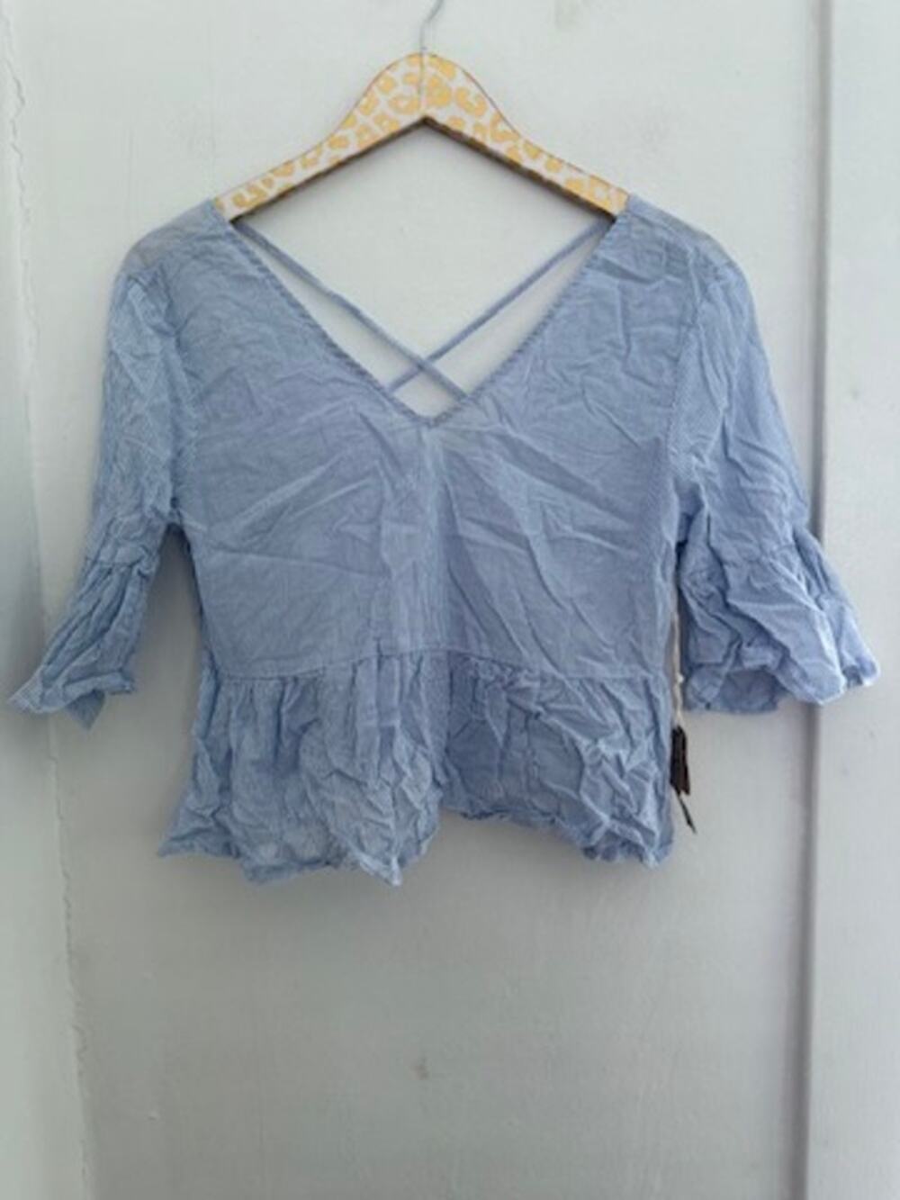 Hippie Laundry Blue White Ruffle Blouse | Size Large NWT